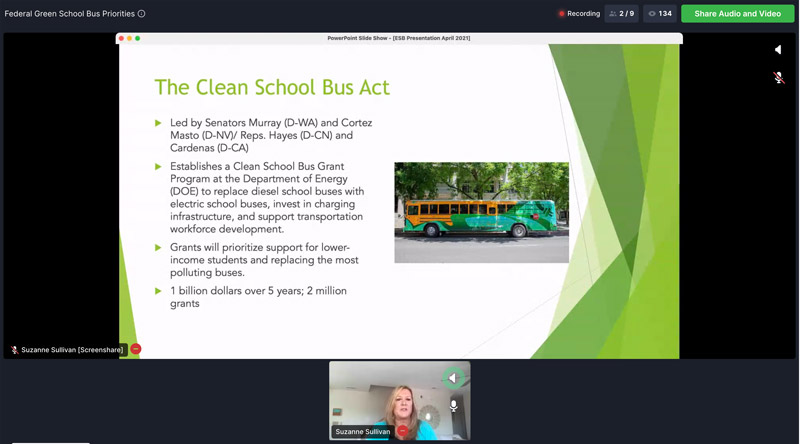 Suzanne Sullivan speaks during a virtual Green Bus Summit session on federal electric school bus priorities on Tuesday, April 20, 2020.