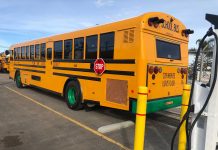 Electric school bus operated by Ocean View School District in Oxnard, California.