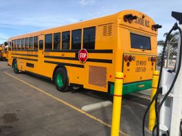 Electric school bus operated by Ocean View School District in Oxnard, California.