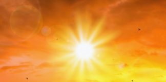 Heat wave of extreme sun and sky background. Hot weather with global warming concept. Temperature of Summer season.