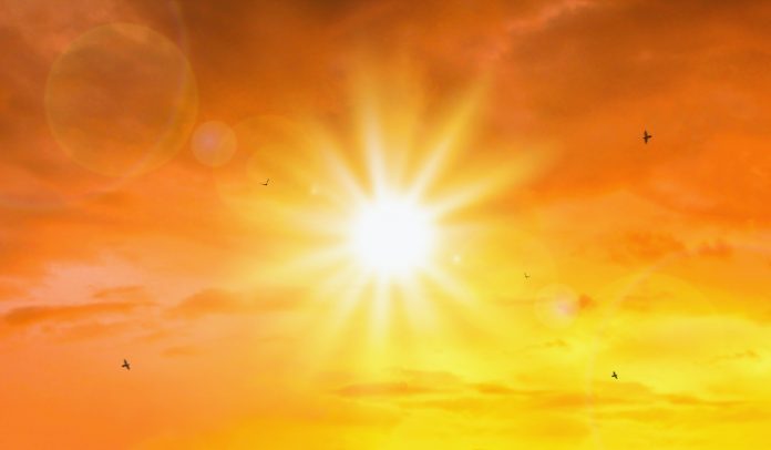Heat wave of extreme sun and sky background. Hot weather with global warming concept. Temperature of Summer season.