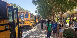 Students at San Jose Unified School District in California preparing to board the school bus. (Photo courtesy of Corrin Reynolds.)