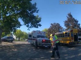 Photo taken on from Sept. 24, 2021, of the scene where school bus driver Richard Lenhart was stabbed to death while on board the bus. (Photo from Pasco Police Facebook Page.)
