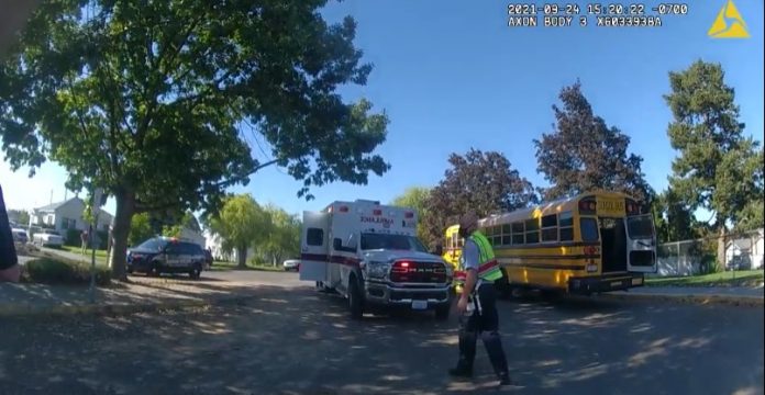 Photo taken on from Sept. 24, 2021, of the scene where school bus driver Richard Lenhart was stabbed to death while on board the bus. (Photo from Pasco Police Facebook Page.)