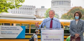 Sen. Tom Carper, D-Del., (left) speaks alongside Sen. Catherine Cortez Masto, D-Nev., at a Sept. 14, 2021 news conference to advocate for additional funding for zero-emission school buses on Capitol Hill. (Photo courtesy of the American Lung Association Twitter.)