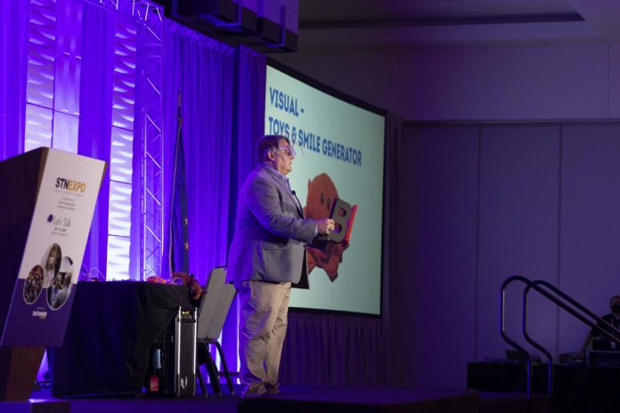 Motivational speaker and cooperate entertainer Tim Gard discussed the importance of humor in his keynote presentation, “Laughter Becomes You!” on Oct. 3, 2021 at STN EXPO Indy.