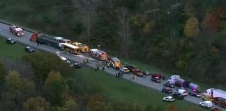 A school bus and tractor-trailer collided on Nov. 2, 2021 in Butler County, Pa. A 14-year-old student passenger and the school bus driver were killed. (Photo courtesy of Twitter/@AlyssaRaymond.)