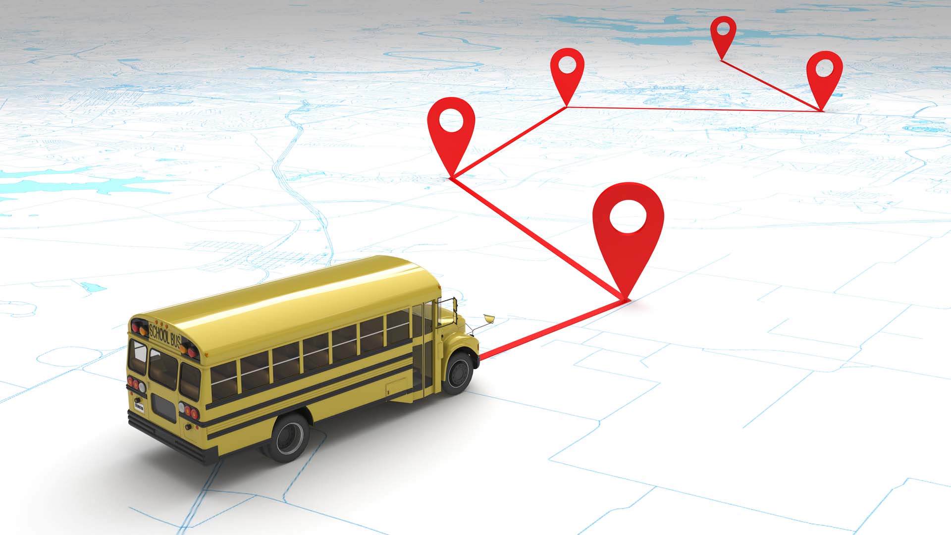 concept school bus route on the map. 3d rendering