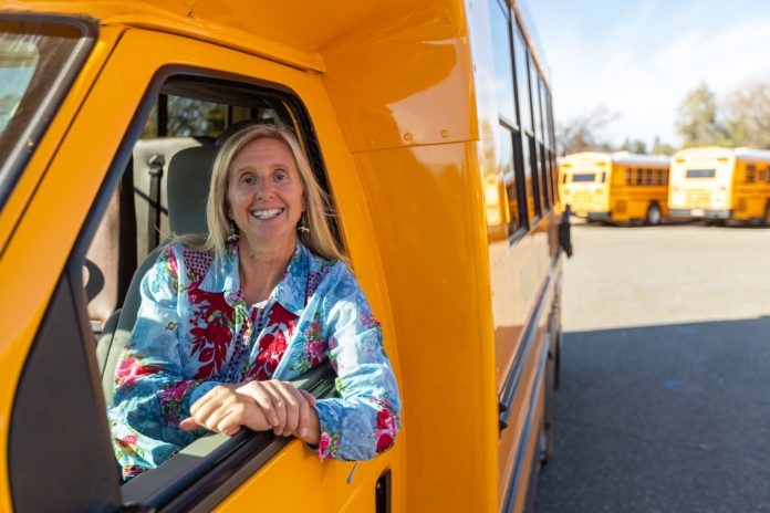 Sherry Barnes, a school bus driver for Paradise Unified SchooL District in California started driving following the devastating Camp Fire. Photo courtesy of CalAmp.