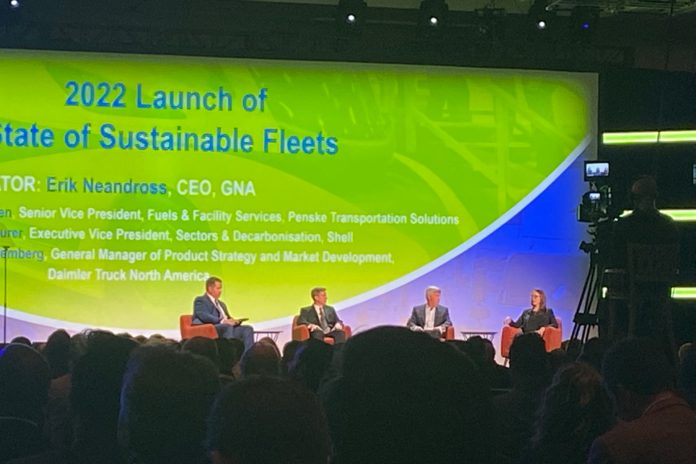 A panel discussion on the 2022 State of Sustainable Fleets opened ACT Expo on Monday, May 9 ini Long Beach, California. From left are moderator Erik Neandross, Drew Cullen of Penske, Carlos Maurer of Shell, and Mary Aufdemberg of Daimler Trucks North America.