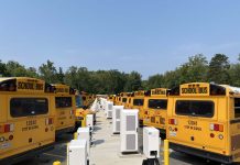 Electric buses and chargers at the Bethesda depot. (Photo courtesy of Highland Electric Fleets)