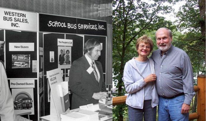 Marlan Keith Rohlena, 81, passed away on Aug. 24, 2022. He worked for School Bus Services, Inc., in Oregon (left) before becoming the owner and president of Western Bus Sales, until he retired in 2008. He is pictured, at right, with wife Barbara. (Photo courtesy of the Oregon Pupil Transportation Association.)