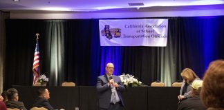 California Association of School Transportation Officials President Matthew Thomas speaking to attendees at the organization's Business Management Forum.