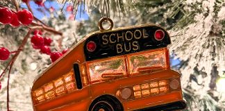 One of the several stained-glass school bus ornaments Virginia school bus driver Jeanette Castaneda has received from students over the years.