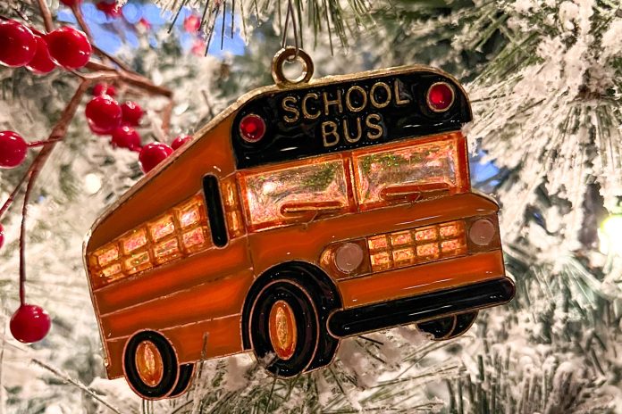 One of the several stained-glass school bus ornaments Virginia school bus driver Jeanette Castaneda has received from students over the years.