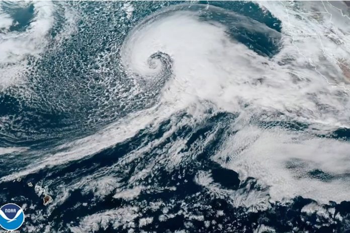 National Weather Service image of the bomb cyclone over the Pacific Ocean as it headed toward California. The storm arrived Wednesday afternoon in Northern and Central California bringing with it more record rainfall and flooding.