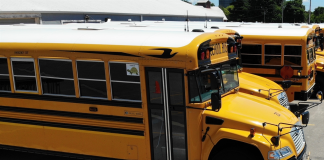 A Meridian Community Unit School District #222 school bus in Stillman Valley, Illinois.