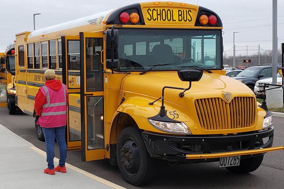 A Groveport Madison Schools bus shown in March 2020 awaiting supplies to be delivered to students during COVID-19 shutdowns. (Photo courtesy Facebook/Groveport Madison Schools.)