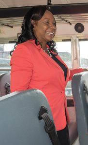 Nicole Portee on board a Denver school bus in 2018, shortly before she was named School Transportation News Transportation Director of the Year.