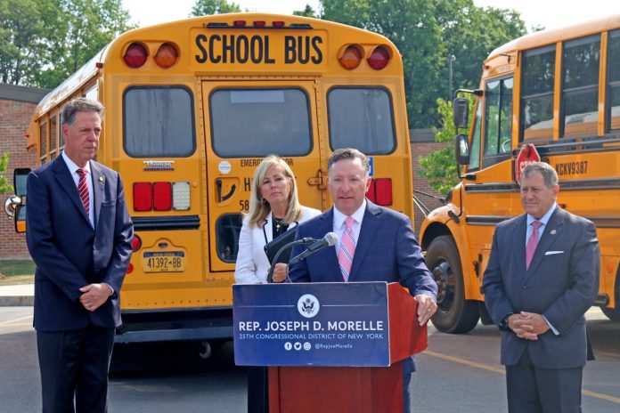 Brighton Central Schools Superintendent Dr. Kevin McGowan speaks at a press conference in the summer of 2022 regarding legislation introduced to address the school bus driver shortage and how it is impacting his local community near Rochester, New York. (Photo courtesy of Brighton Central Schools.)