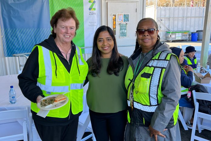 From Left to Right: Susan Moorehead, head of training and safety for Zum; Ritu Narayan, founder and CEO of Zum; and award recipient Shirley Canyon at an event on Nov. 18, 2022.