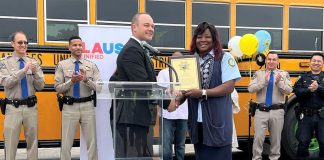 LAUSD bus driver Tamara Conley receives her award from the California Highway Patrol on May 9, 2023.