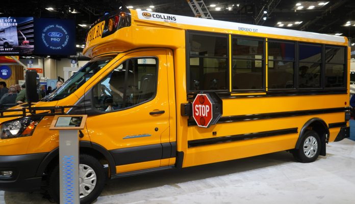 Type A school bus prototype at the Ford Pro booth at NTEA in March 2023. (Photo courtesy of Collins Bus.)