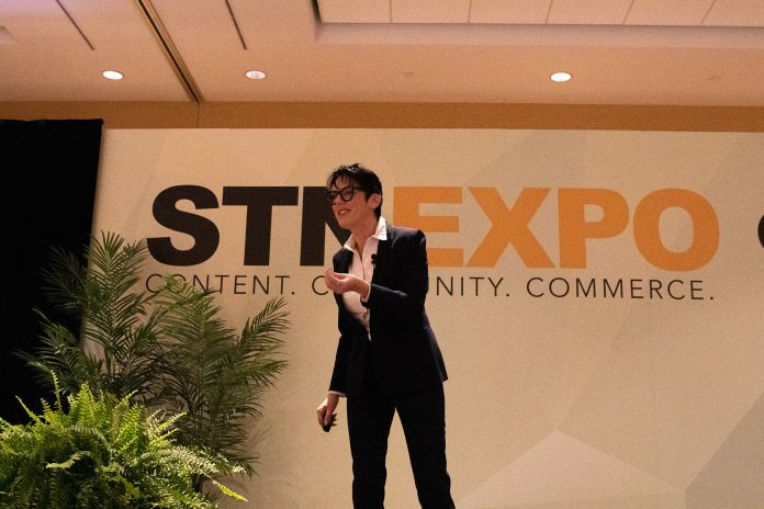 Sylvie di Giusto, author and emotional intelligence expert, delives the opening keynote of STN EXPO Indianapolis on June 4, 2023. (Photo by Taylor Ekbatani.)