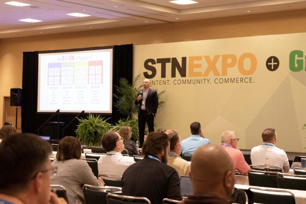 Board-certified behavior analyst Patrick Mulick delivers a keynote session at STN EXPO Indianapolis on June 5, 2023. (Photo by Taylor Ekbatani.)