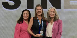 Linda Grandolfo, Peter’s widow, Julie Hrebicek the director of transportation for Magnolia Independent School District in Texas and Lisa Nippolt, the western region manager of Q’Straint’s school bus and paratransit market pose on stage at STN EXPO Reno 2023. Hrebicek won the 2023 Peter J. Grandolfo Memorial Award of Excellence.