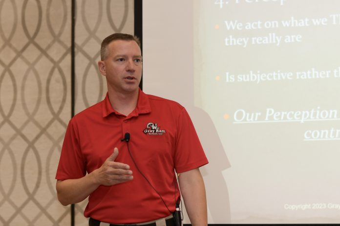 Bret Brooks, a law enforcement and security expert, discusses de-escalation at STN EXPO in Reno, Nevada on July 17, 2023. (Photo by Philicia Endelman.)