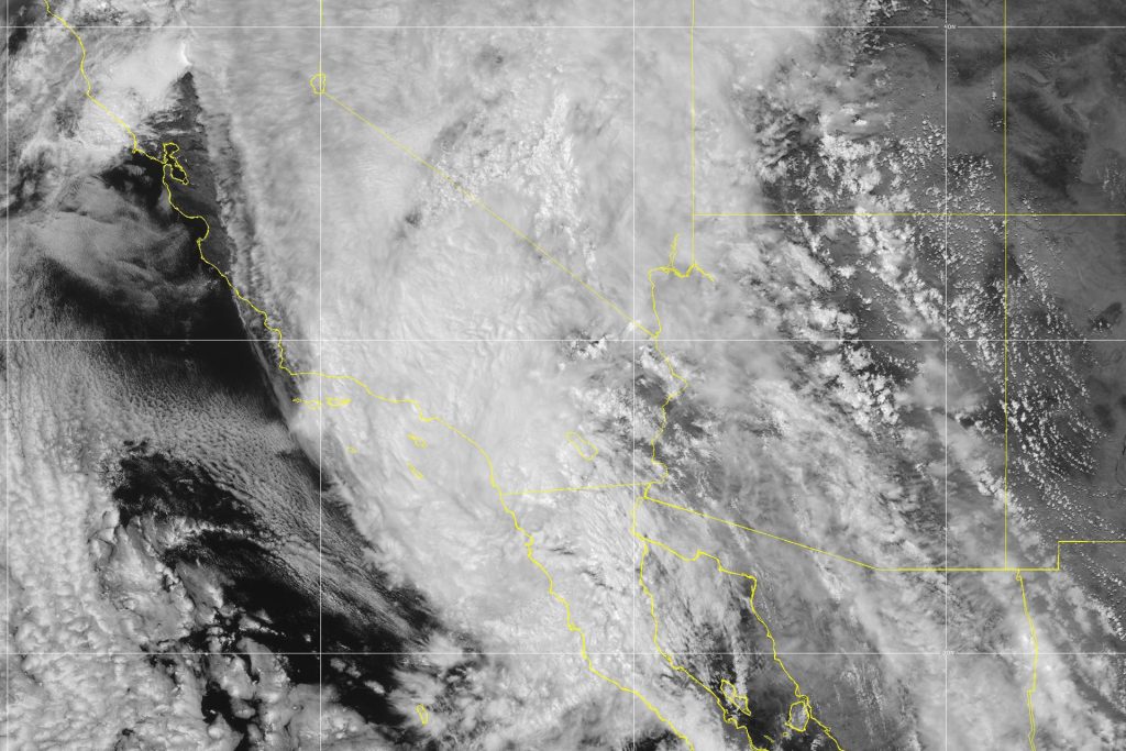 Satellite imagery of Tropical Storm Hilary moving across Southern California and into Nevada. Photo: National Weather Service.