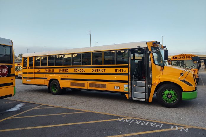 File photo of a Los Angeles Unified School District electric bus. The 2023 EPA Clean School Bus Program Rebate focuses more on large school districts that despite having large numbers of disadvantaged students do not meet U.S. Census requirements for serving areas of persistent poverty.