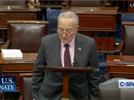 Sen. Chuck Schumer of New York reads SR 366 en bloc with several other resolutions on Tuesday, Sept. 26, 2023.