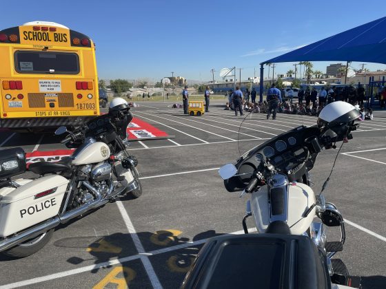 Students at Rex Bell Elementary school in Nevada received a lessons on bus safety from the Clark County School District transportation Department.