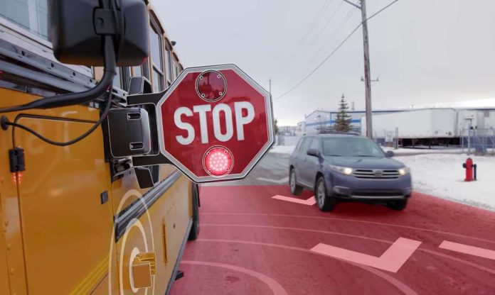 Illustrated photo depicts how Safe Fleet's Predictive Stop Arm uses radar to detect if a motorist will stop or not for students. (Image courtesy of Safe Fleet.)