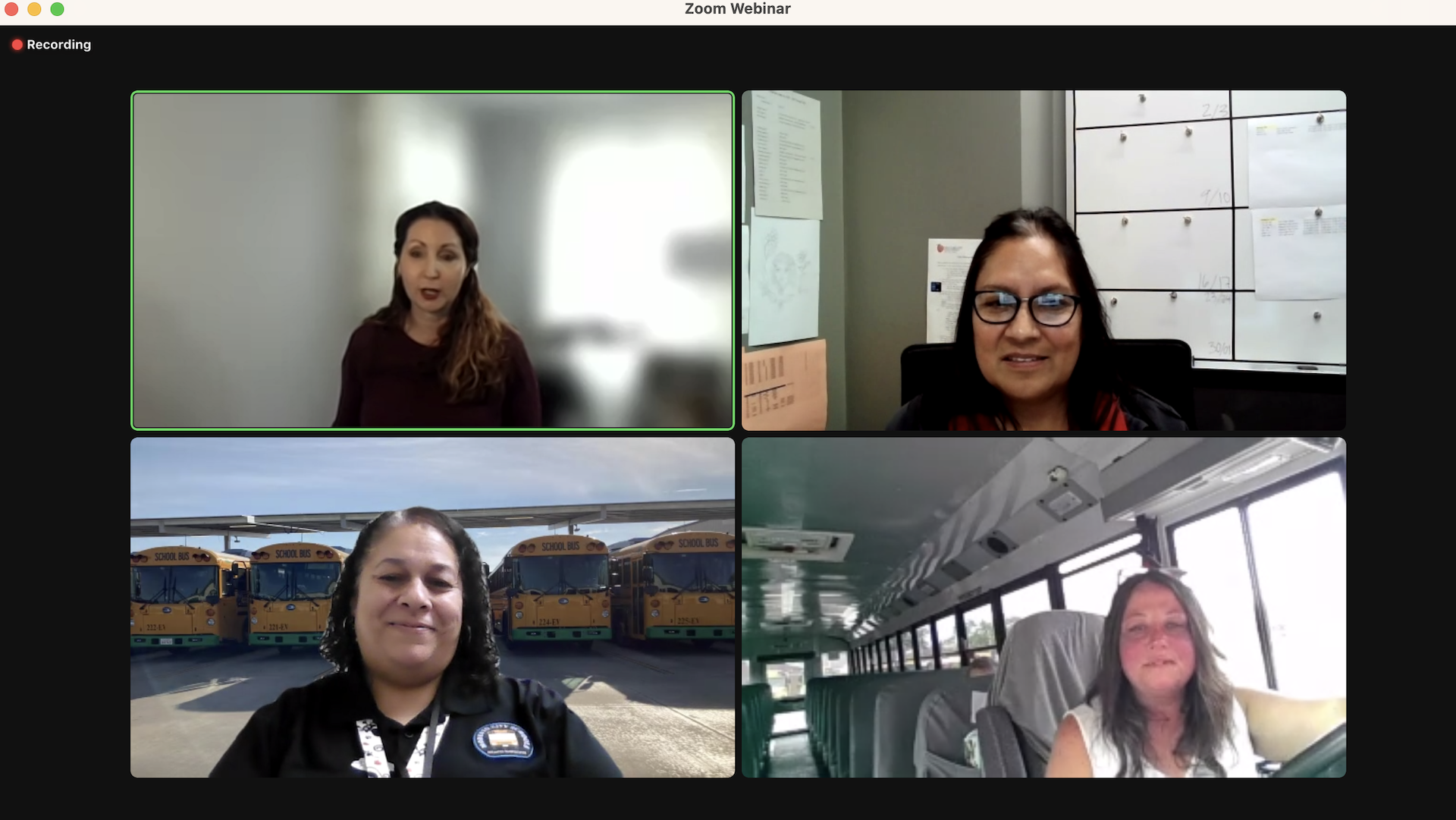 Panelists discuss their experience driving an electric school bus. Pictured: Top left- Brittany Barrett, top right- Margarita Villalobos, bottom left- Carmen Pena-Duran, bottom right- Trish Rea