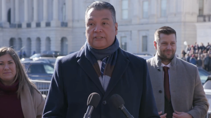 Sen. Alex Padilla (D-Calif.) speaks during a press conference on Nov. 29, 2023, calling for stronger EPA regulation for heavy duty vehicles.