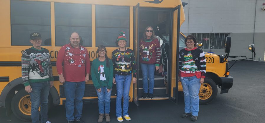 Larissa Rodriguez, a dispatcher/scheduler at Shasta County Office of Education Transportation Department in Redding, California shared photos from the department’s Ugly Christmas Sweater Day and the Redding Lighted Christmas Parade.