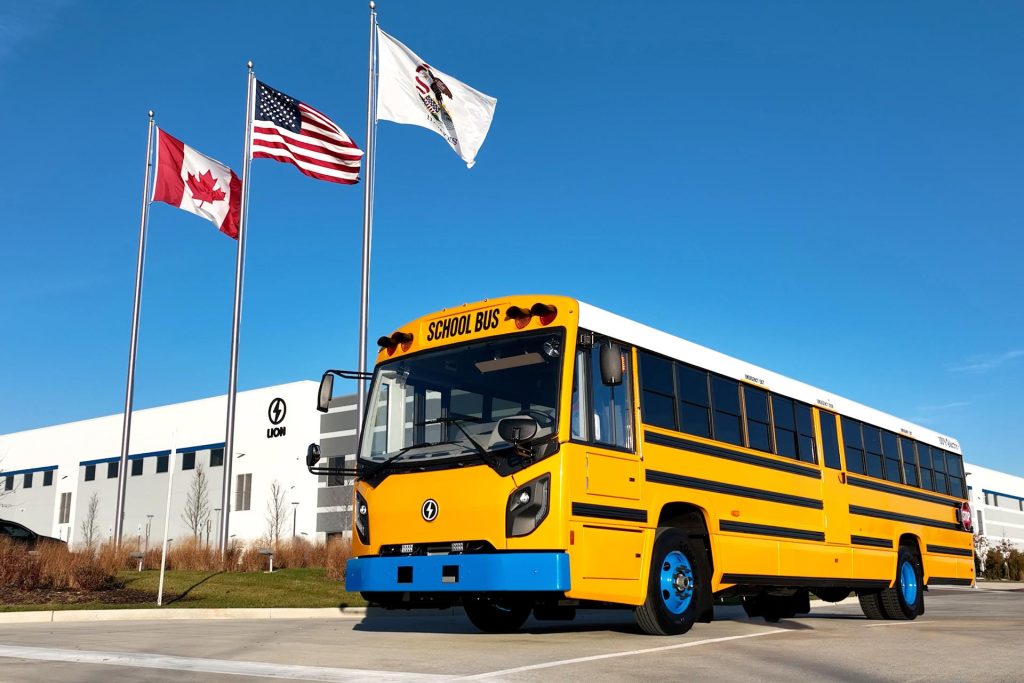 The new LionD electric school bus outside the plant in Joliet, Illinois, where it is manufactured.