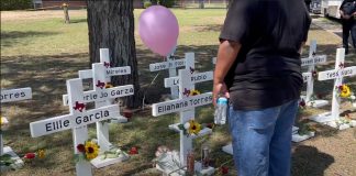 Memorial for victims of Robb Elementary School shooting in Uvalde, Texas.