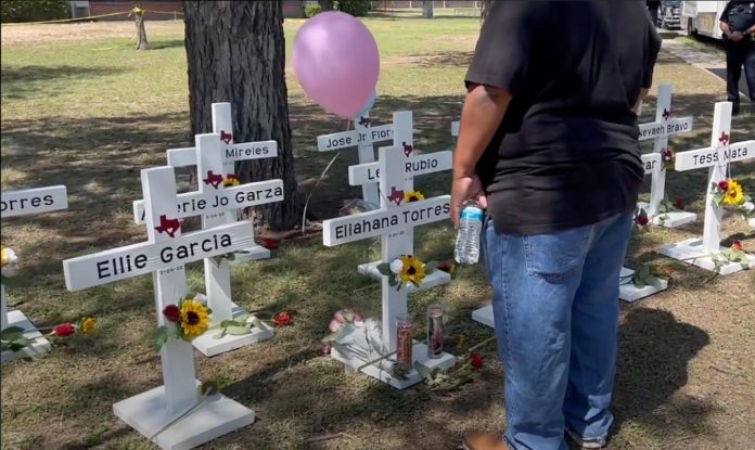 Memorial for victims of Robb Elementary School shooting in Uvalde, Texas.