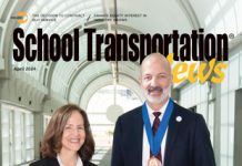 Meet National Superintendent of the Year Dr. Joe Gothard, pictured with Claire Miller of award sponsor First Student, as well as other finalists from across the nation. Photo courtesy of First Student/Lou Manso. Photo editing by Kimber Horne.