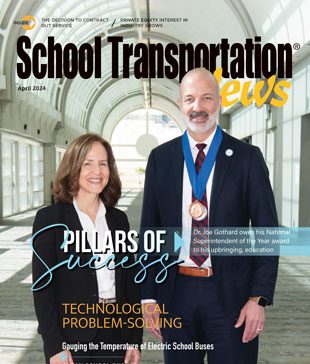 Meet National Superintendent of the Year Dr. Joe Gothard, pictured with Claire Miller of award sponsor First Student, as well as other finalists from across the nation. Photo courtesy of First Student/Lou Manso. Photo editing by Kimber Horne.