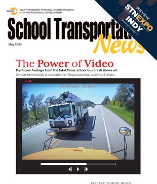 A screen grab of dash cam video released by Hays Consolidated Independent School District in Texas, showing the second before a fatal school bus crash and roll over that occurred on March 22, 2024. Cover design Kimber Horne