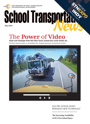 A screen grab of dash cam video released by Hays Consolidated Independent School District in Texas, showing the second before a fatal school bus crash and roll over that occurred on March 22, 2024. Cover design Kimber Horne