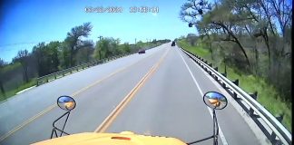 Screenshot of dash cam footage from the Hays CISD school bus that minutes later would be struck by a concrete pump truck, resulting in a fatal roll over crash on March 22, 2024.