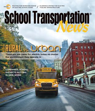 Electric buses are not only viable for urban landscapes but rural ones as well. The school bus pictured is the next-generation IC Bus CE Series Electric. Cover design by Kimber Horne