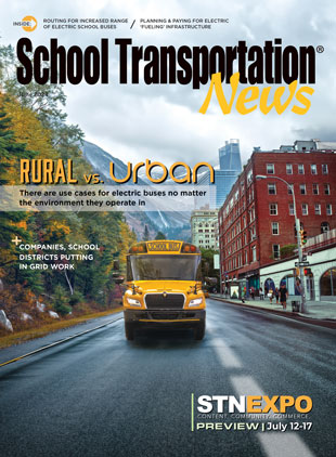 Electric buses are not only viable for urban landscapes but rural ones as well. The school bus pictured is the next-generation IC Bus CE Series Electric. Cover design by Kimber Horne