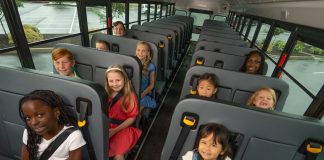 Blue Bird is the first school bus builder to install three-point seat belts and a bus driver air bag as standard equipment, starting in the fall of 2024. (Photo courtesy of Blue Bird.)